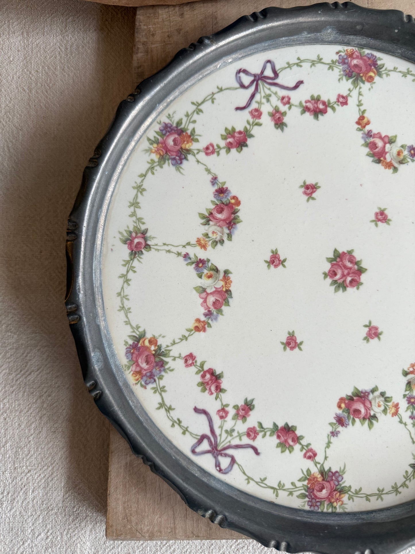 Art Nouveau Vintage Porcelain and Metal Flower Tray