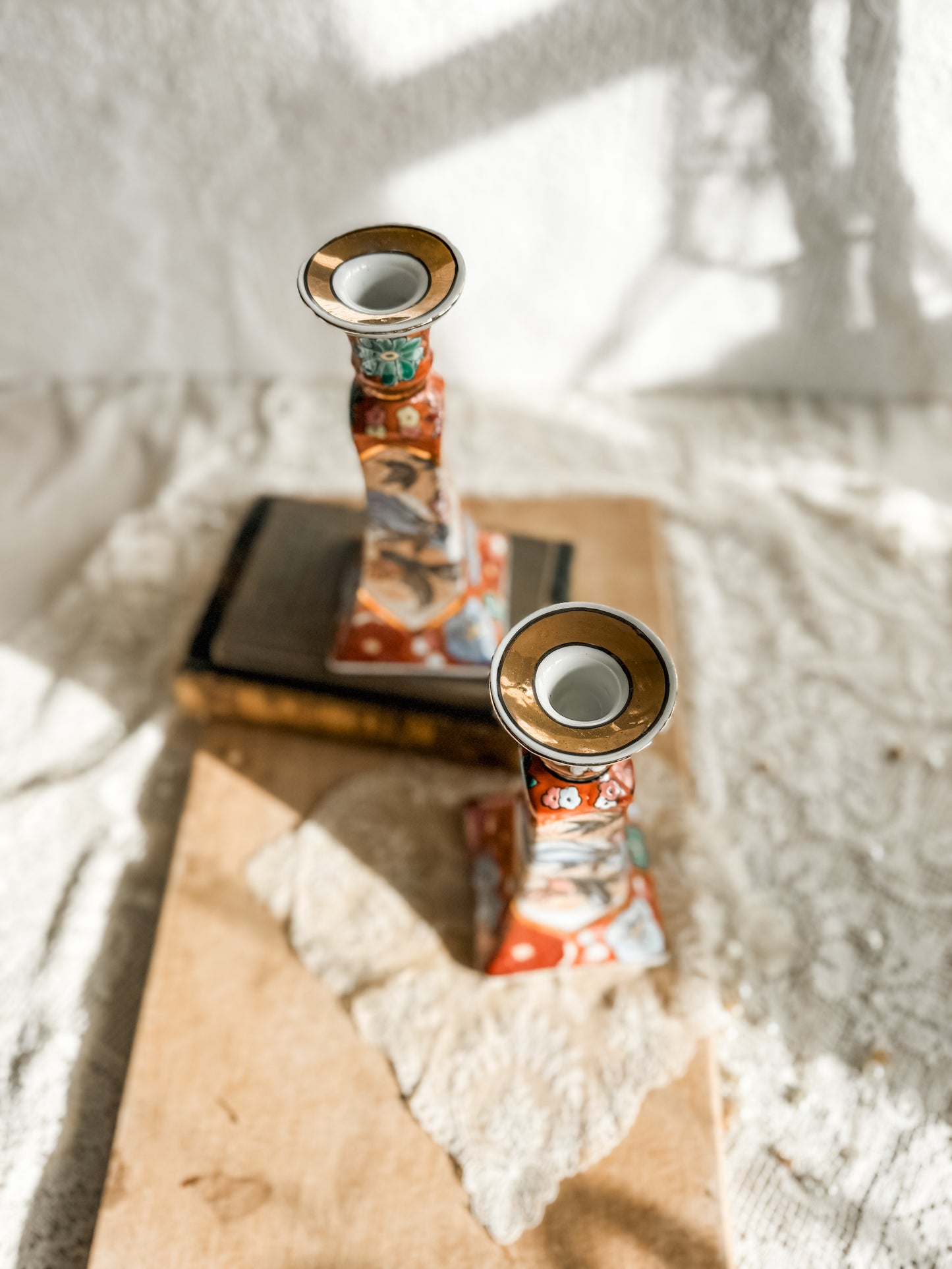 Porcelain Chinoiserie Candlesticks