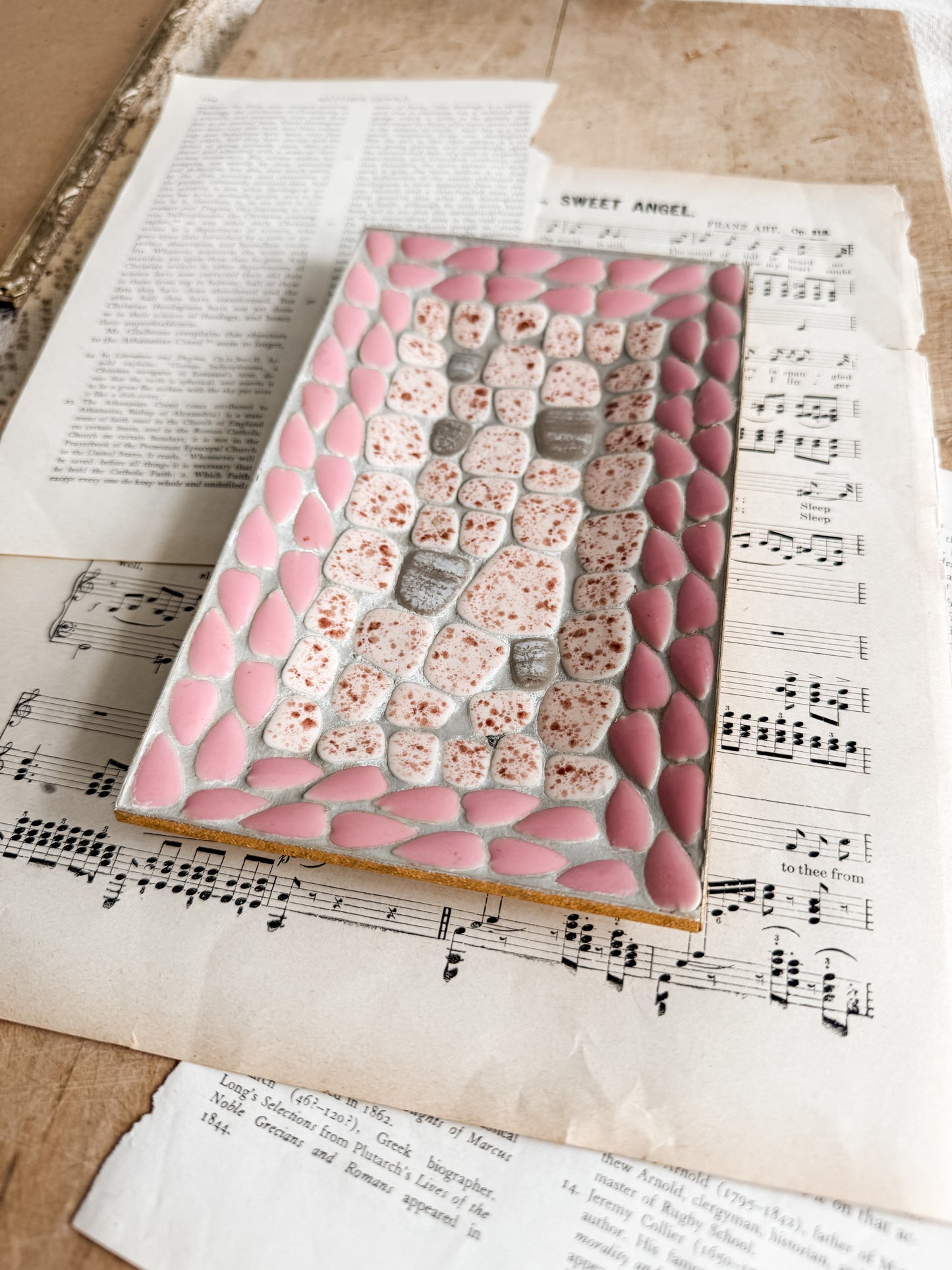 Pink mid-century pebble mosaic tray