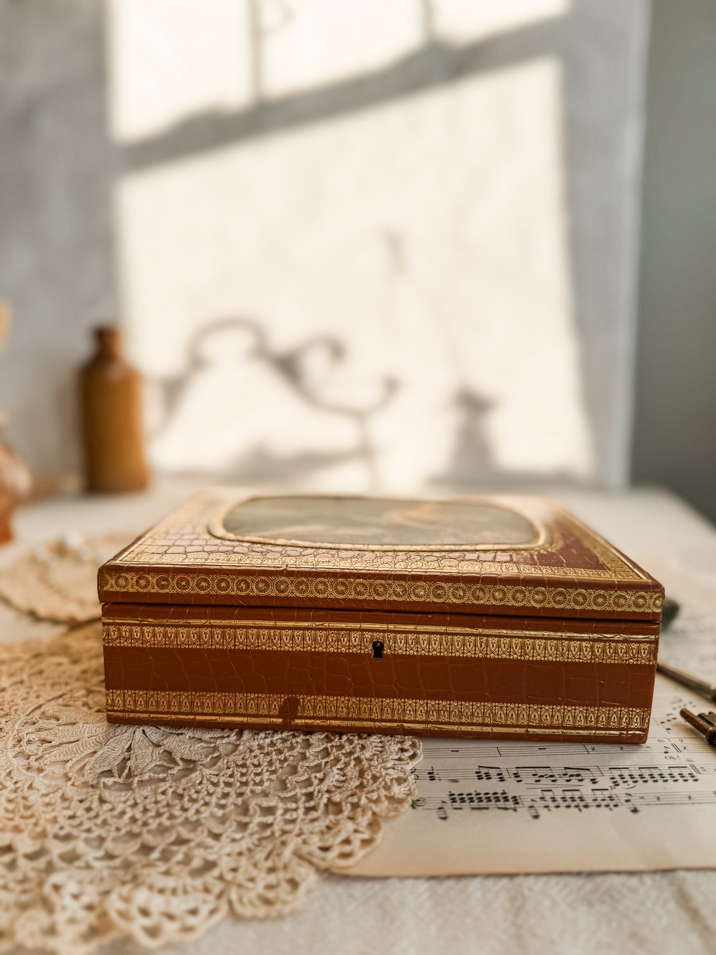 Faux Leather covered jewelry box with fabric insert of a portrait of a woman