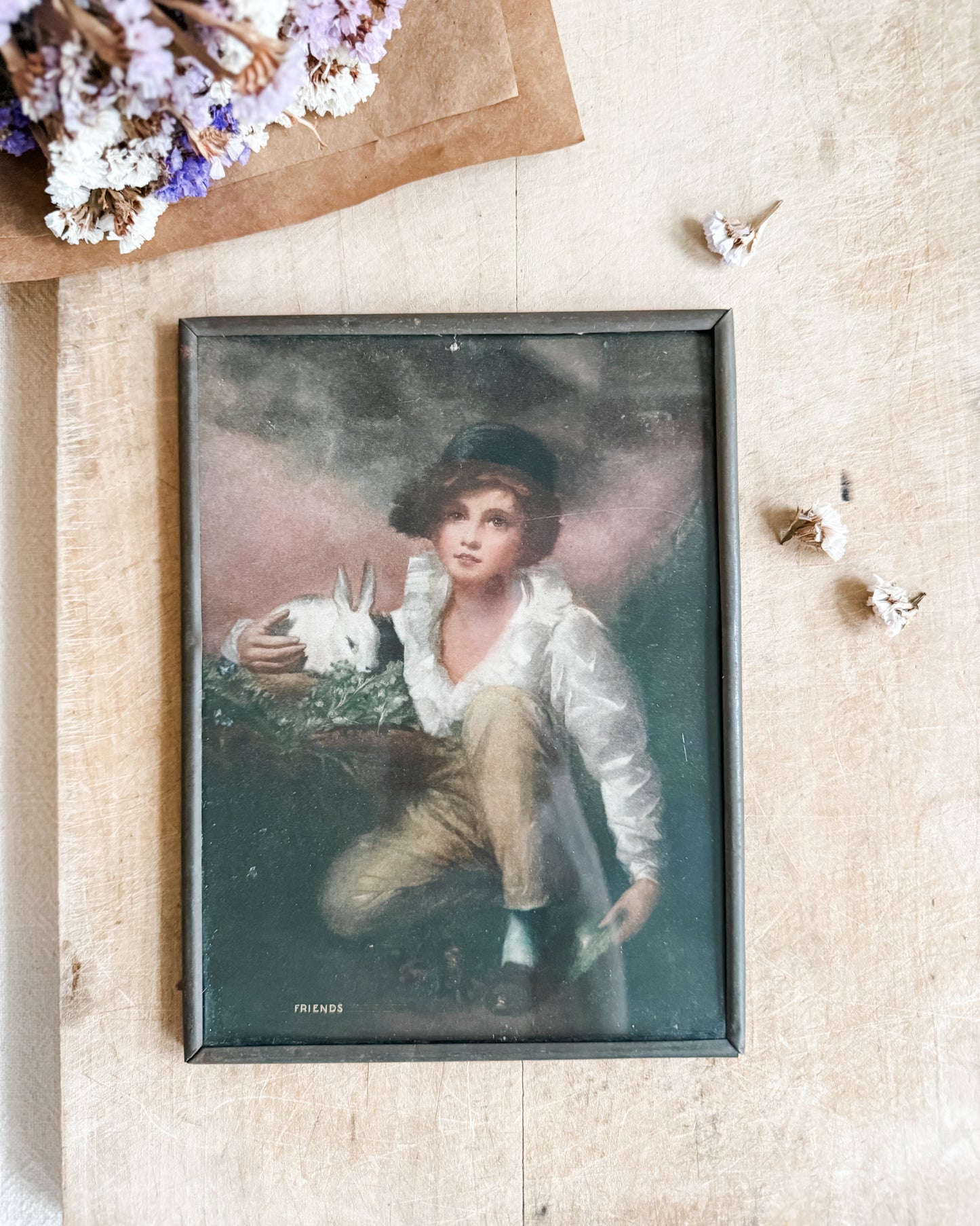 Metal Framed Boy with Rabbit Lithograph