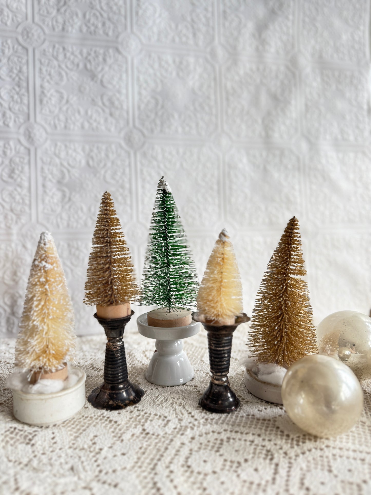 Set of 5 bottle brush trees on reclaimed pedestals
