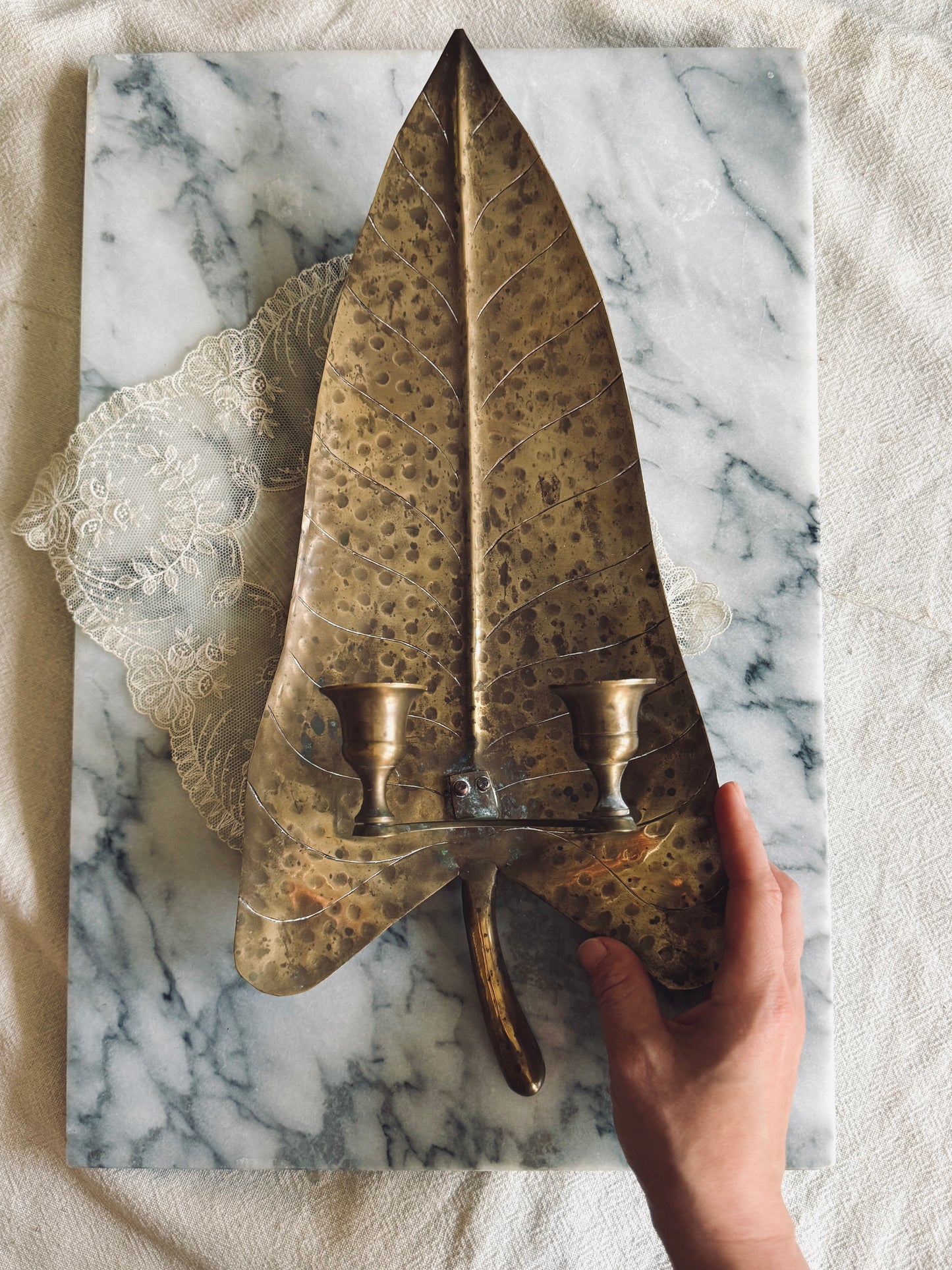 Large hammered brass wall sconce