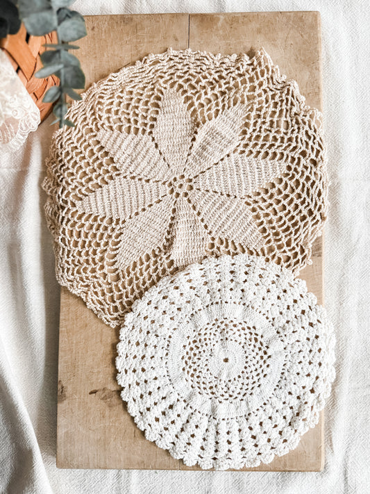 Tan and white two piece doily set