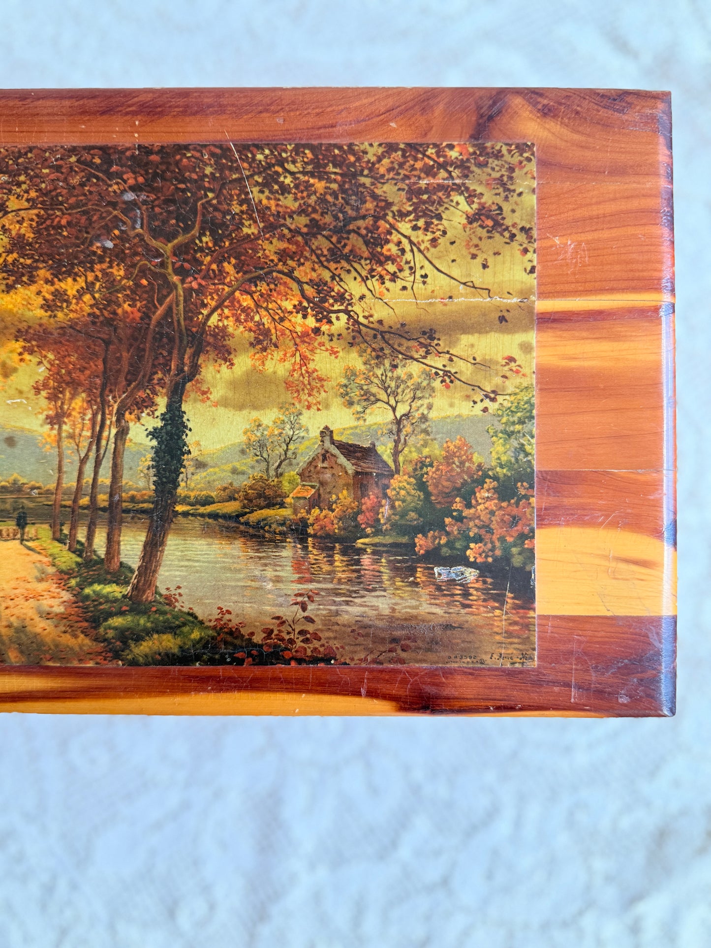 Wooden keepsake box with pastoral lithograph print