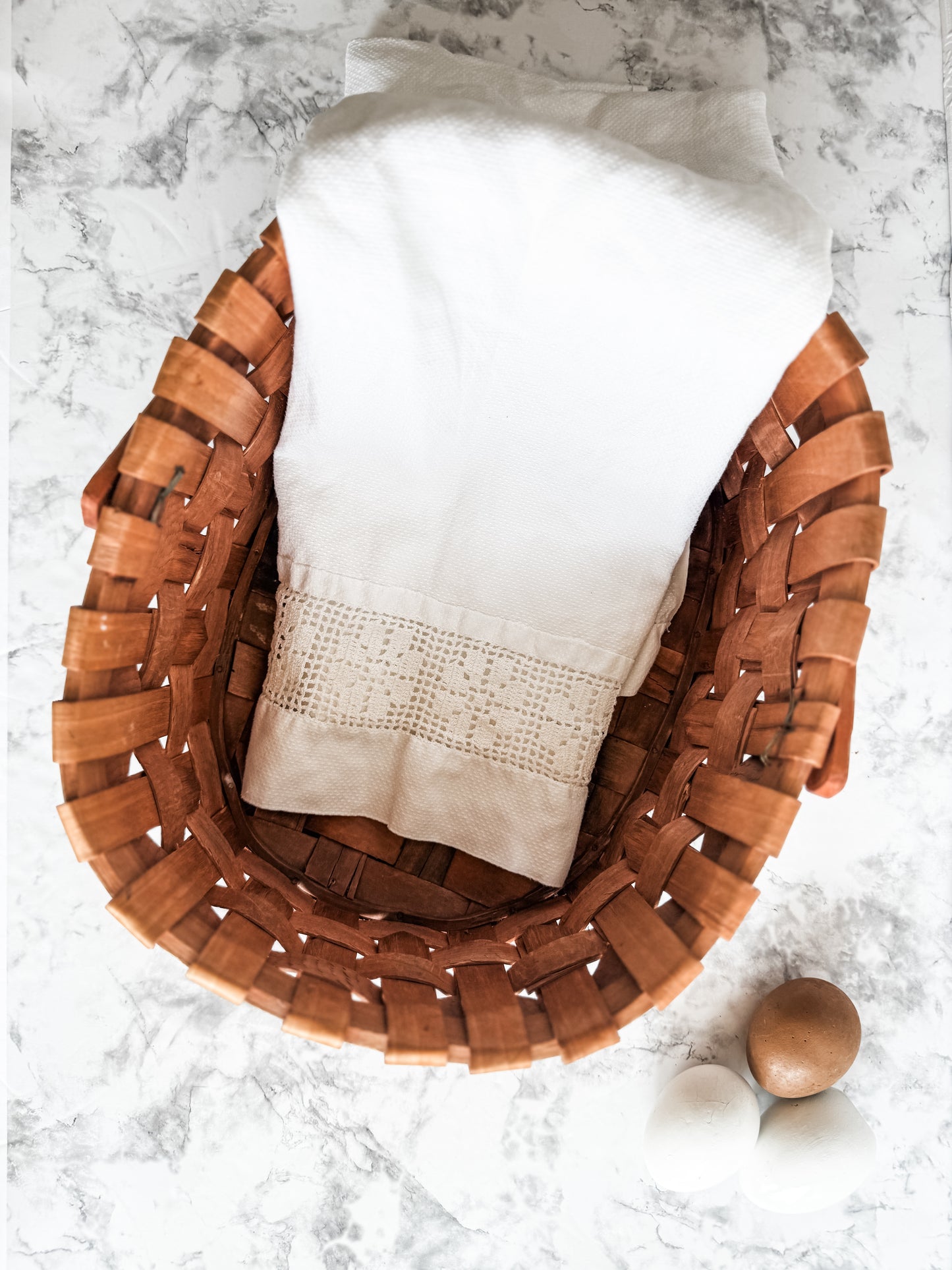 Vintage White cotton towel with crocheted/woven motif