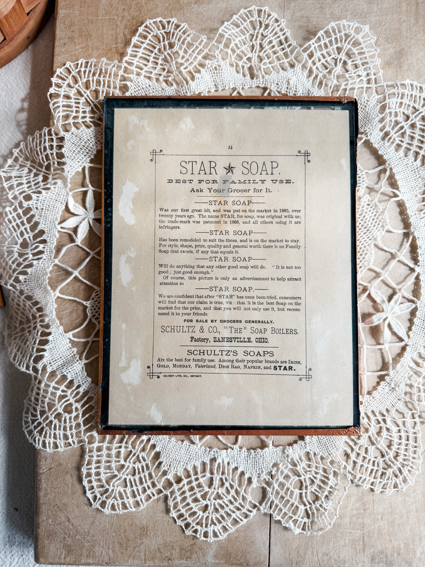 Antique Soap Advertisement framed in glass and copper