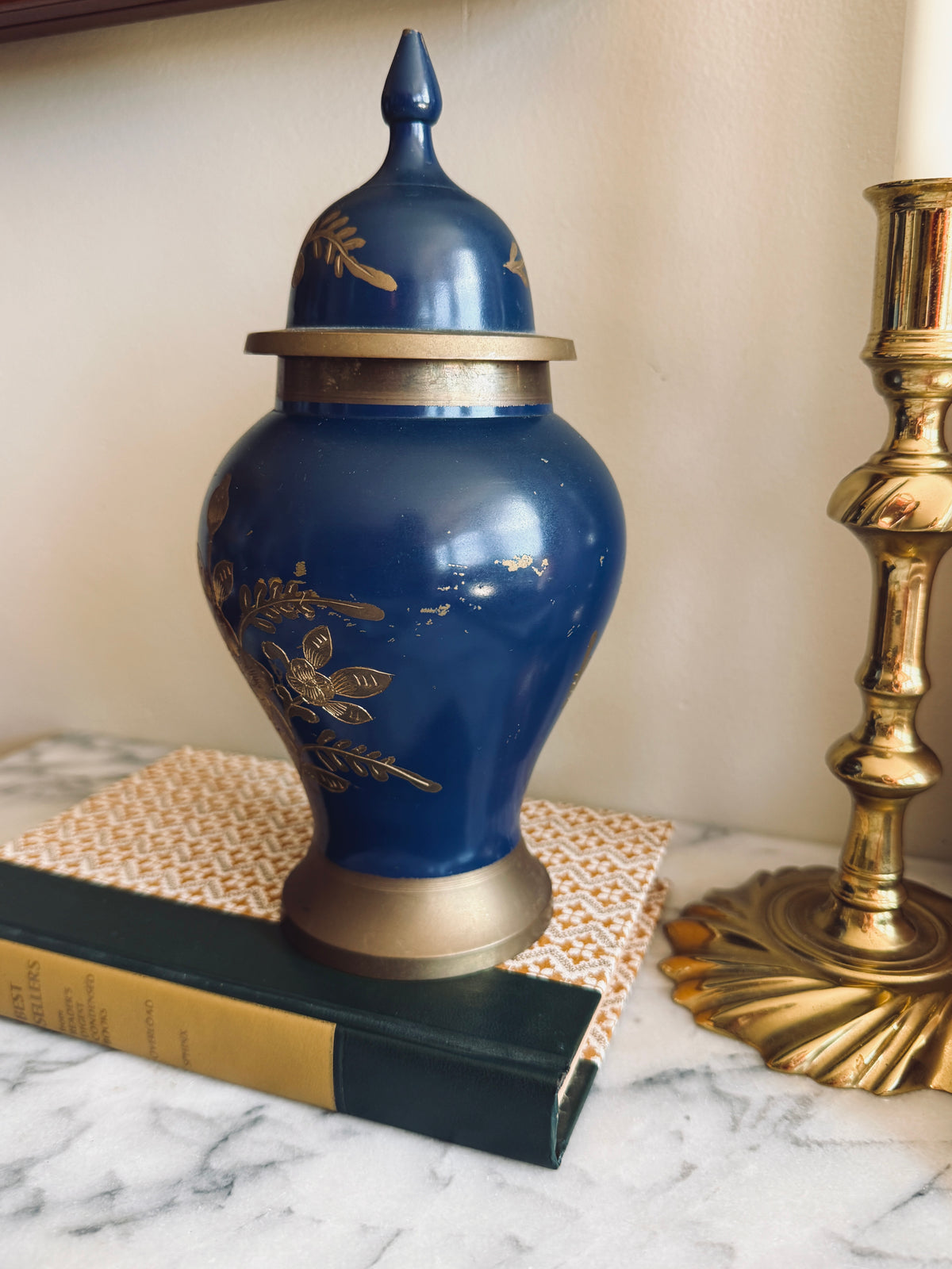 Brass and navy blue enameled urn