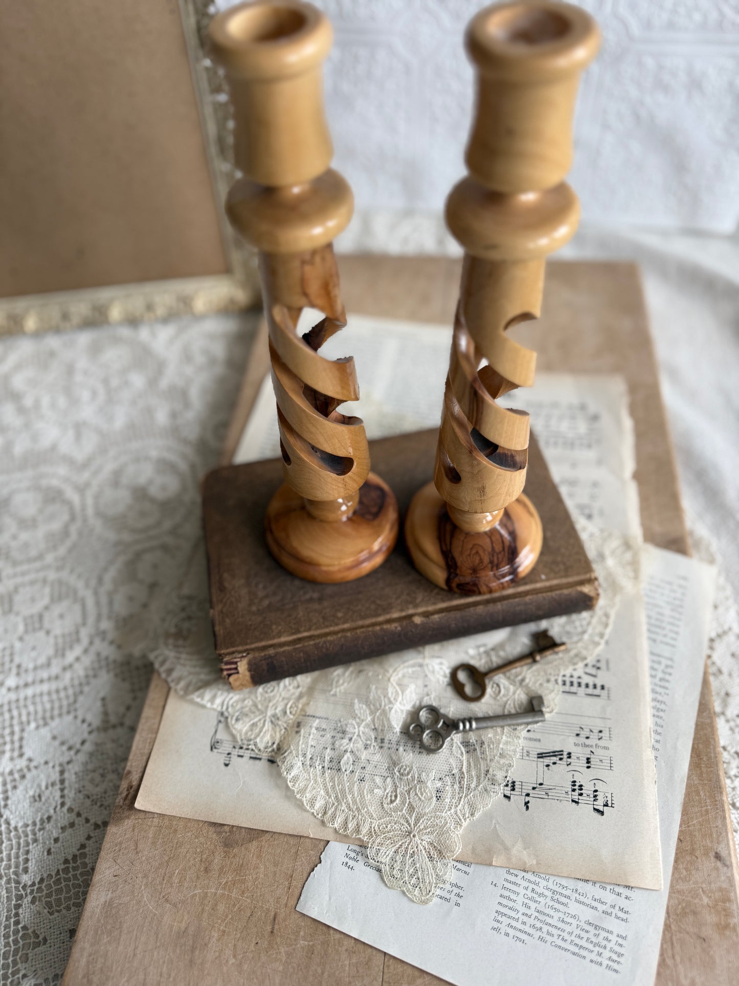 Pair of Hand Carved Olive wood Candlesticks