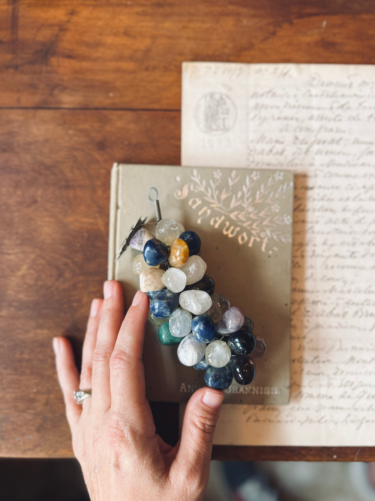 Mid Century semi precious gemstones grapes with silver leaf
