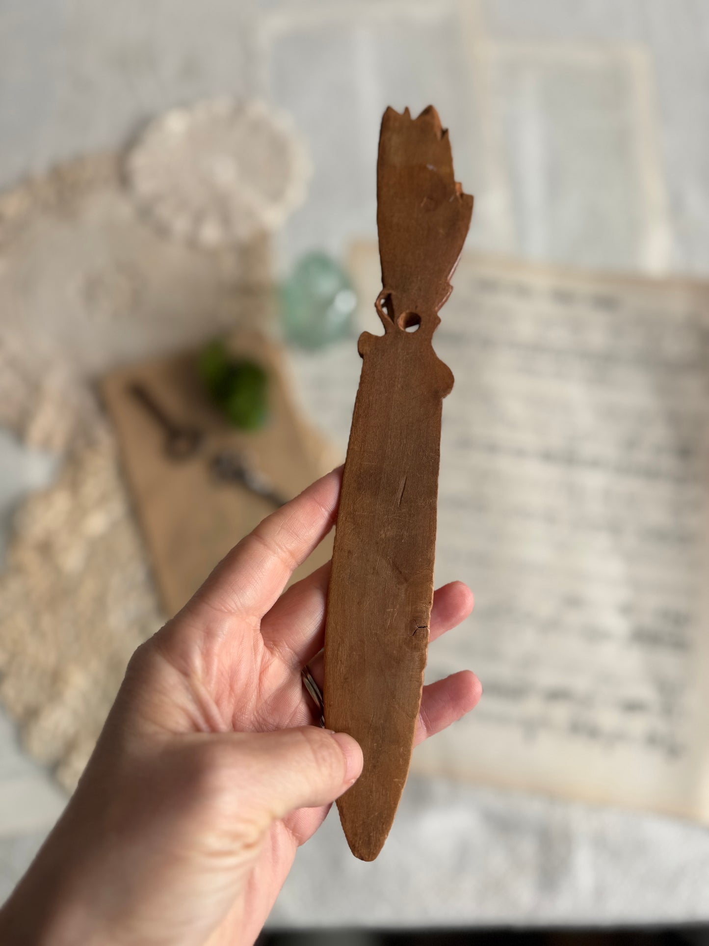 Hand carved wooden letter opener with floral handle