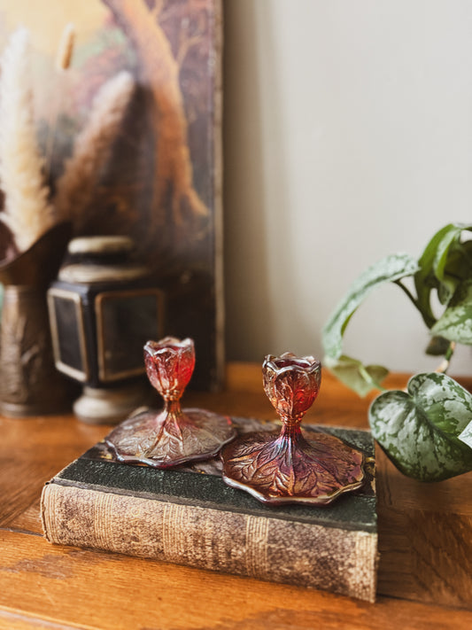 Ruby red imperial glass acanthus leaf candle holder