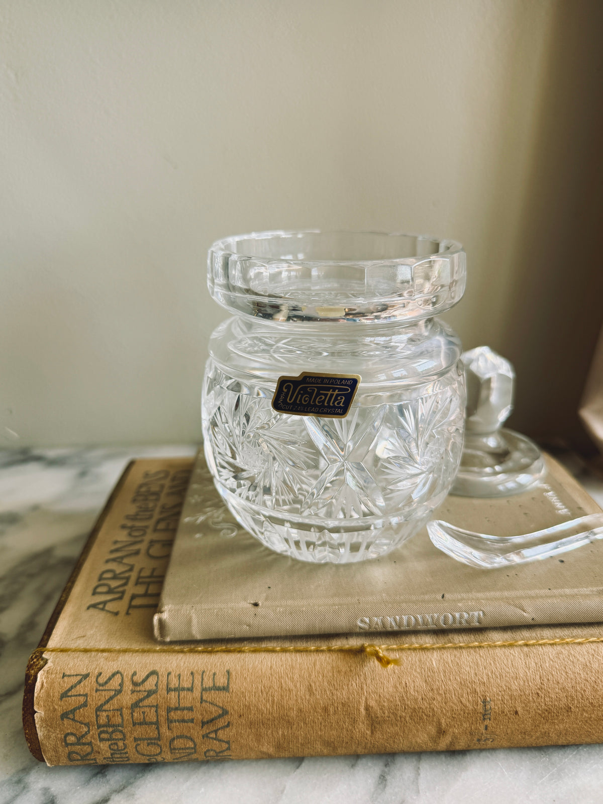 Lidded Crystal condiment jar with spoon