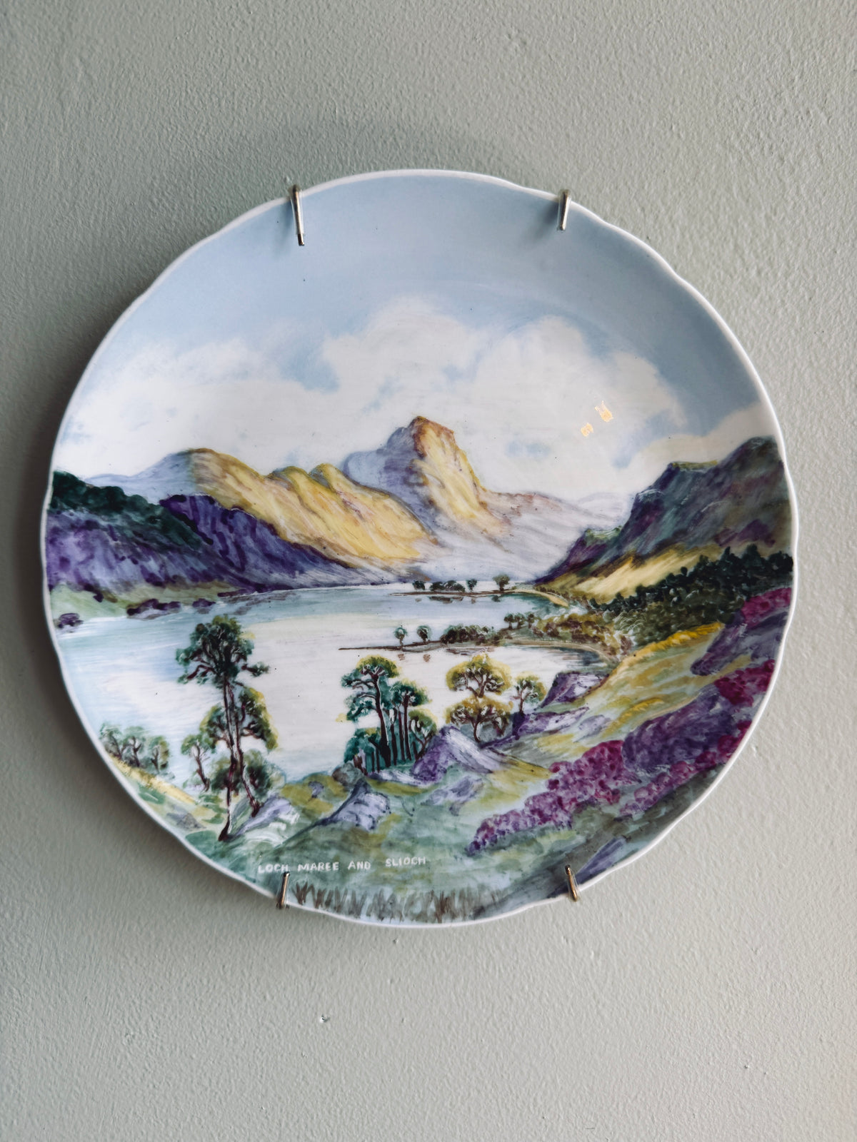 Handpainted vintage china plate with Scottish lake and mountain scene