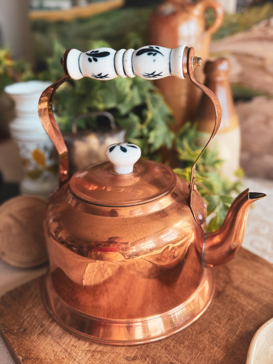 Vintage copper tea pot with delft style porcelain blue and white handle