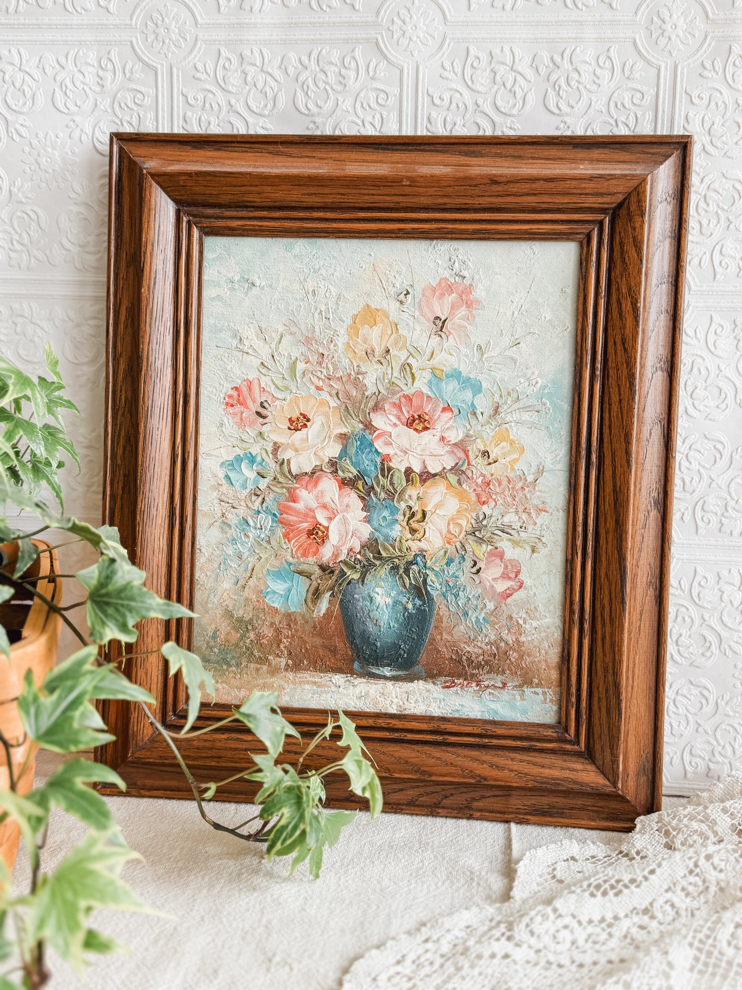 Framed bright floral still life painting