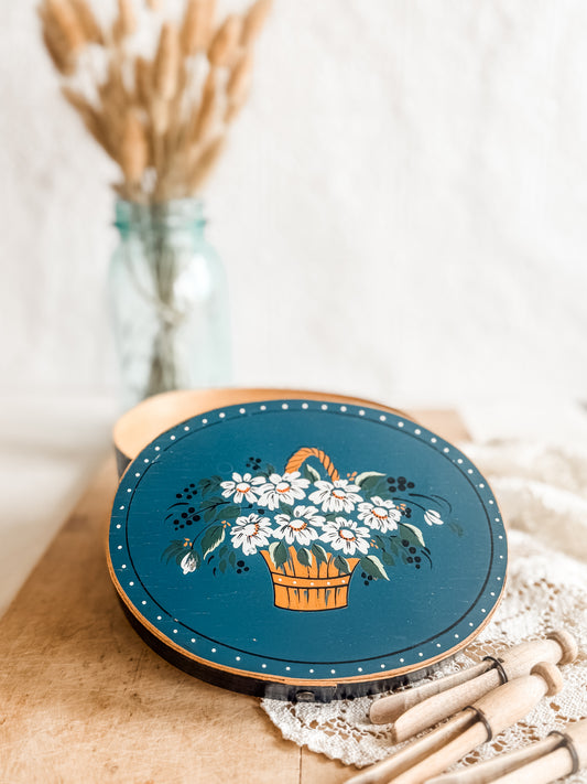 Painted Blue Bentwood Box with Daisy in Basket Design