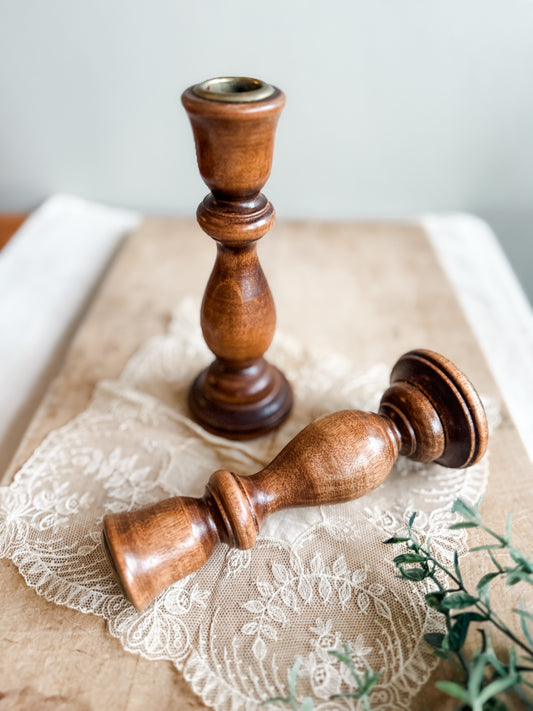 Mid Century Wooden Carved Brass Topped and Felted Candlestick Holders