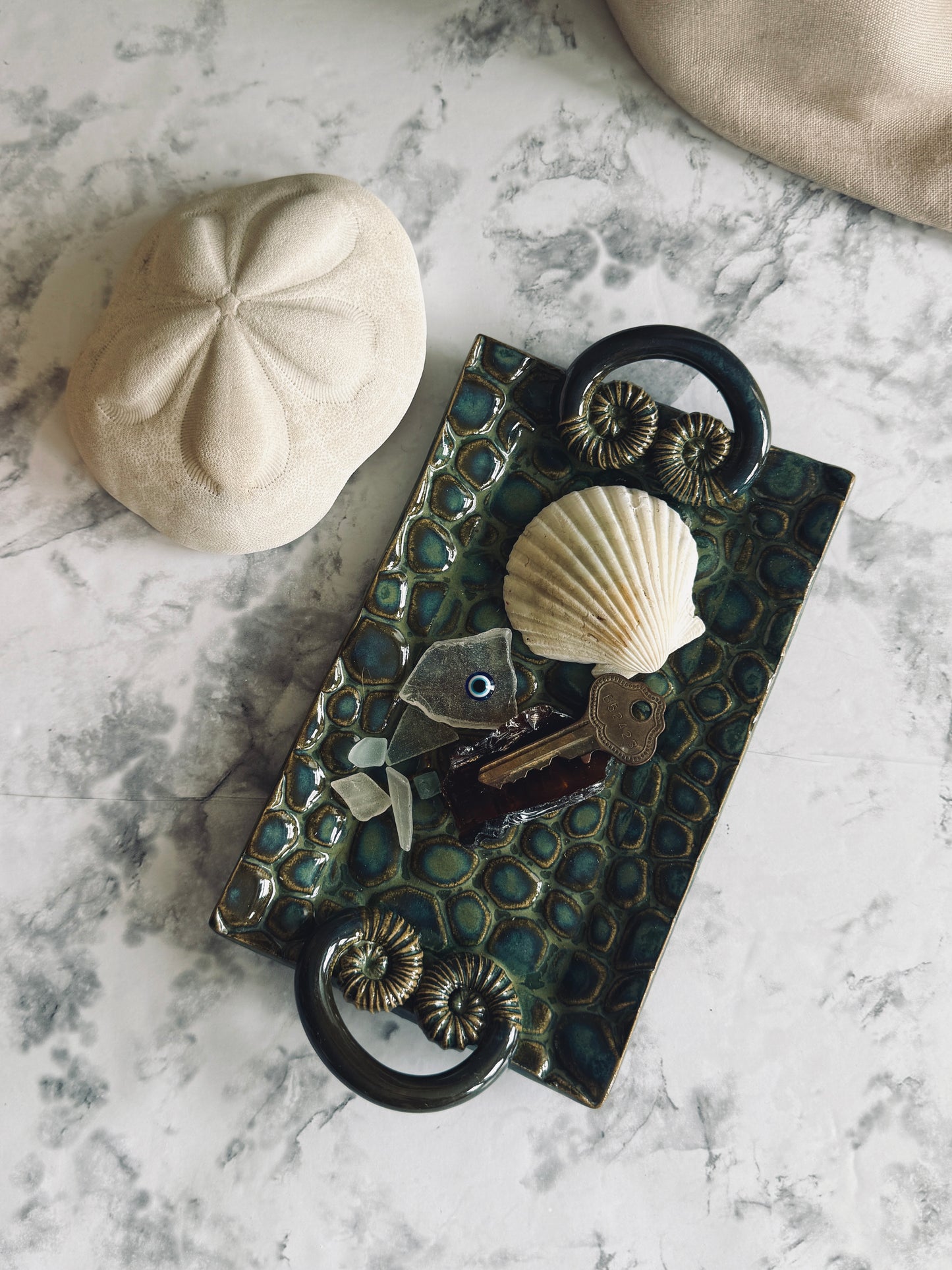 Studio pottery trinket tray with unique handles