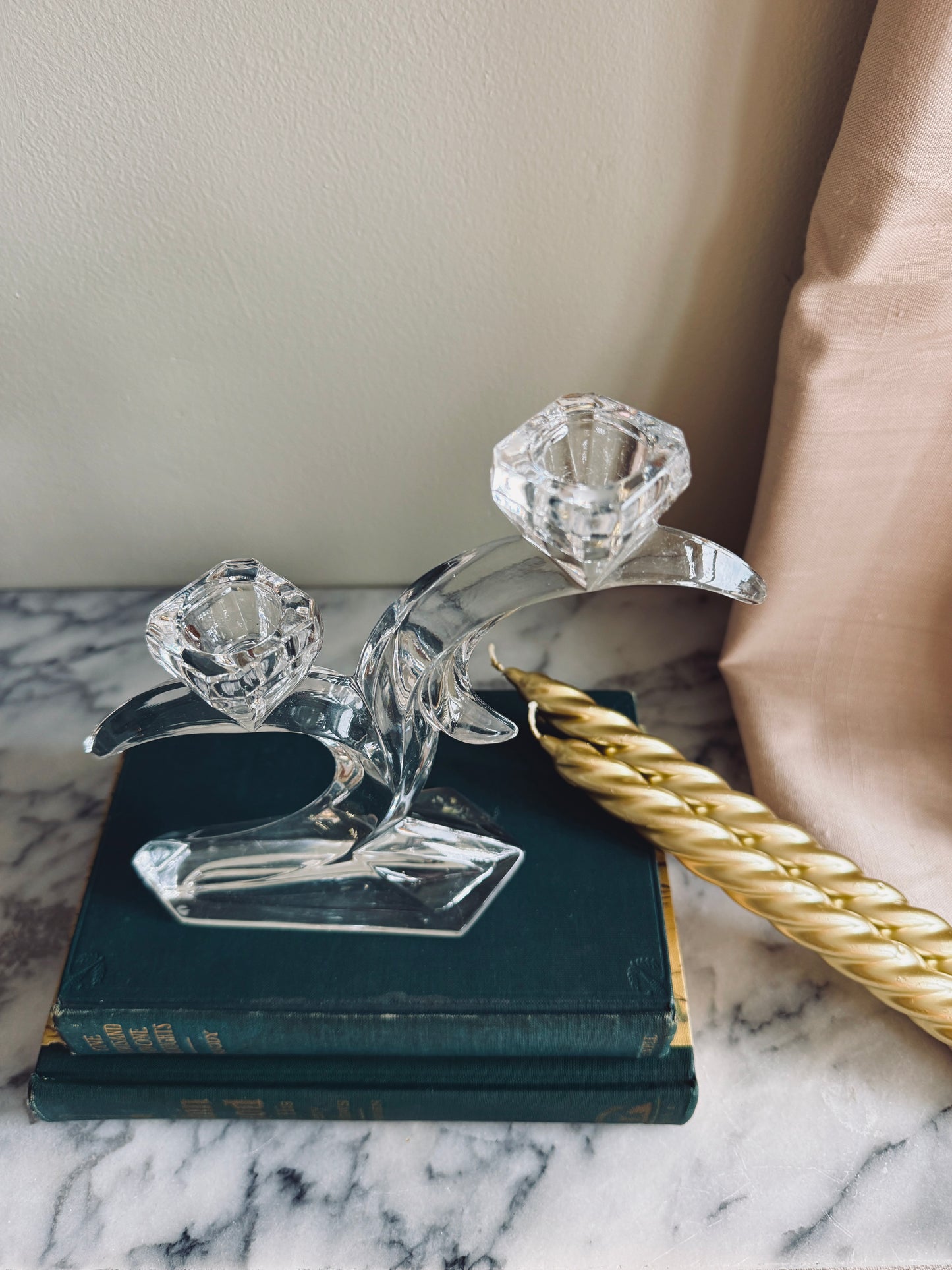 Pair of Leaded crystal double moon candle holders