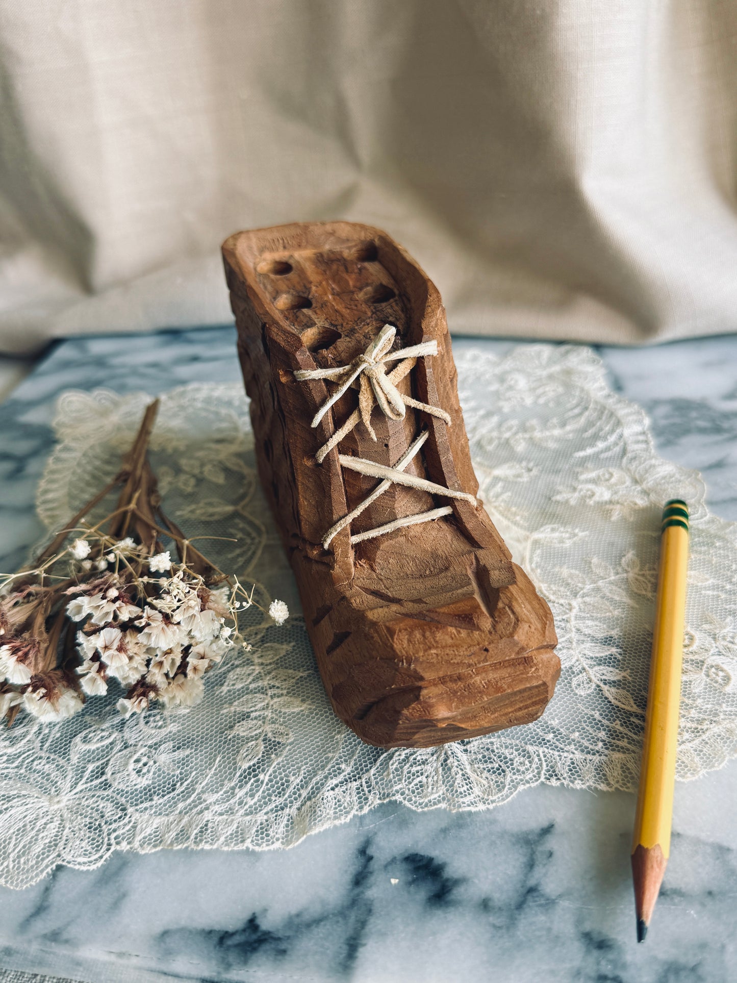 Hand carved wooden shoe pencil holder
