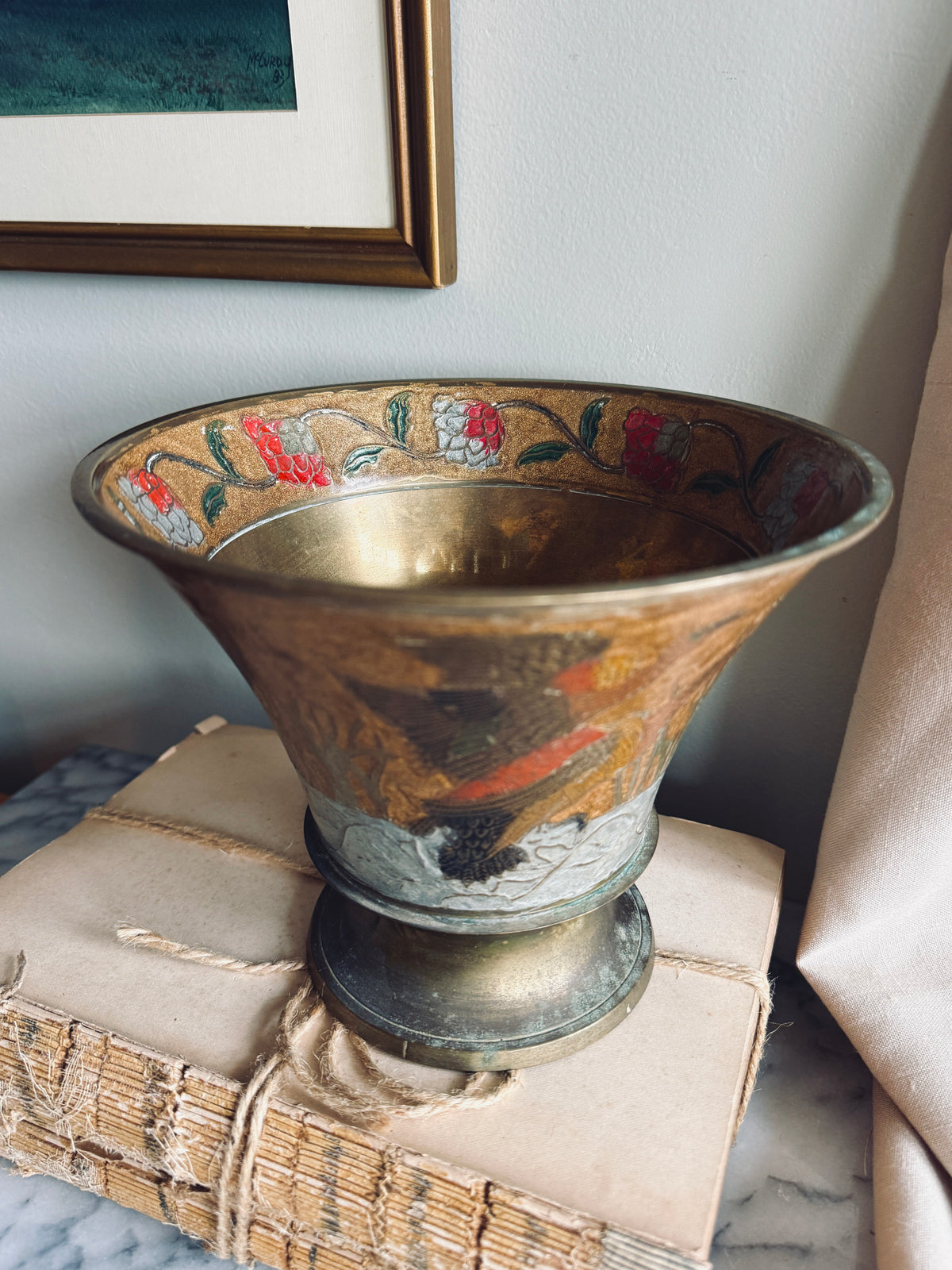 Large brass and enamel vessel with ducks