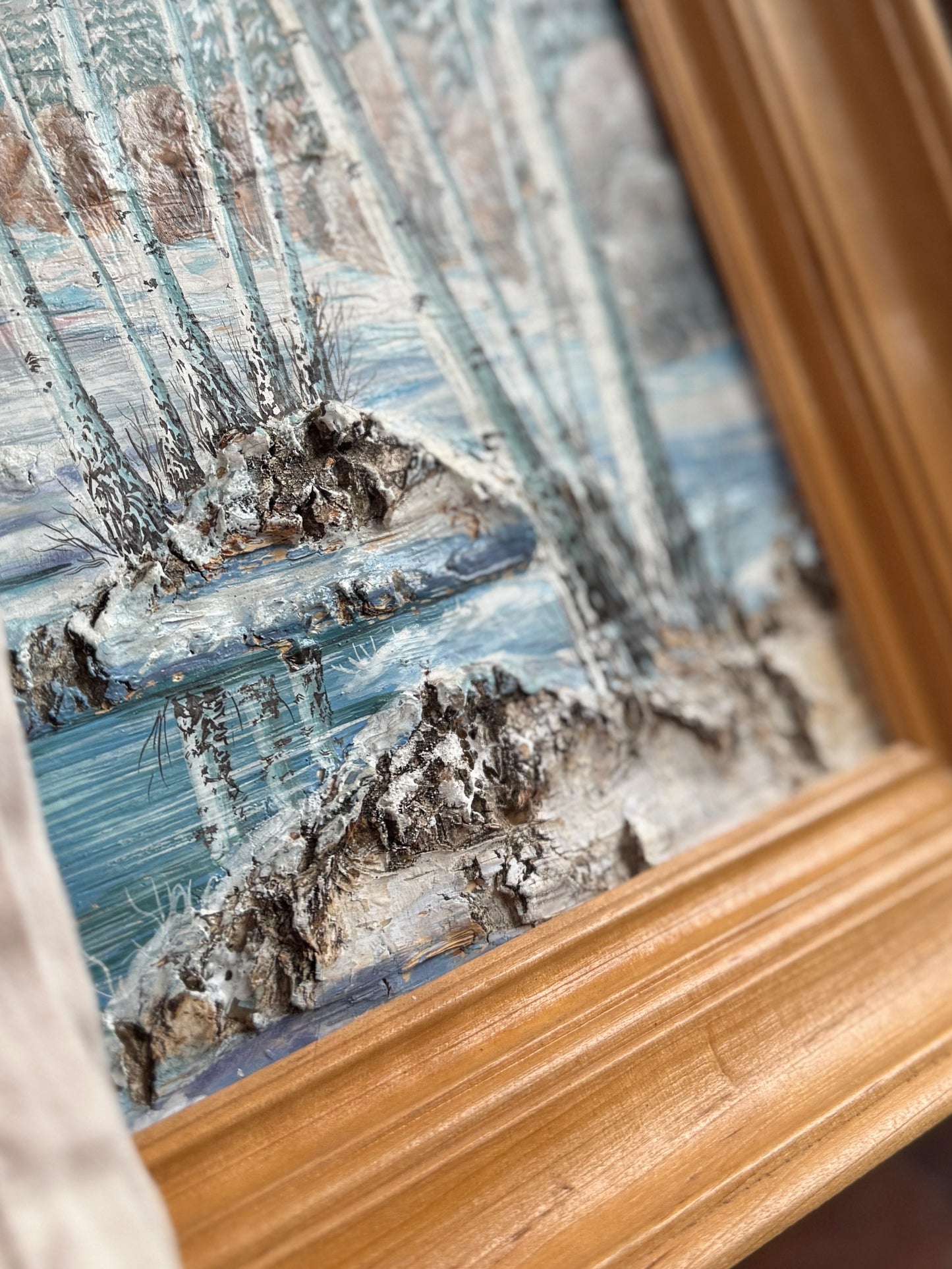Framed Winter painting on bark