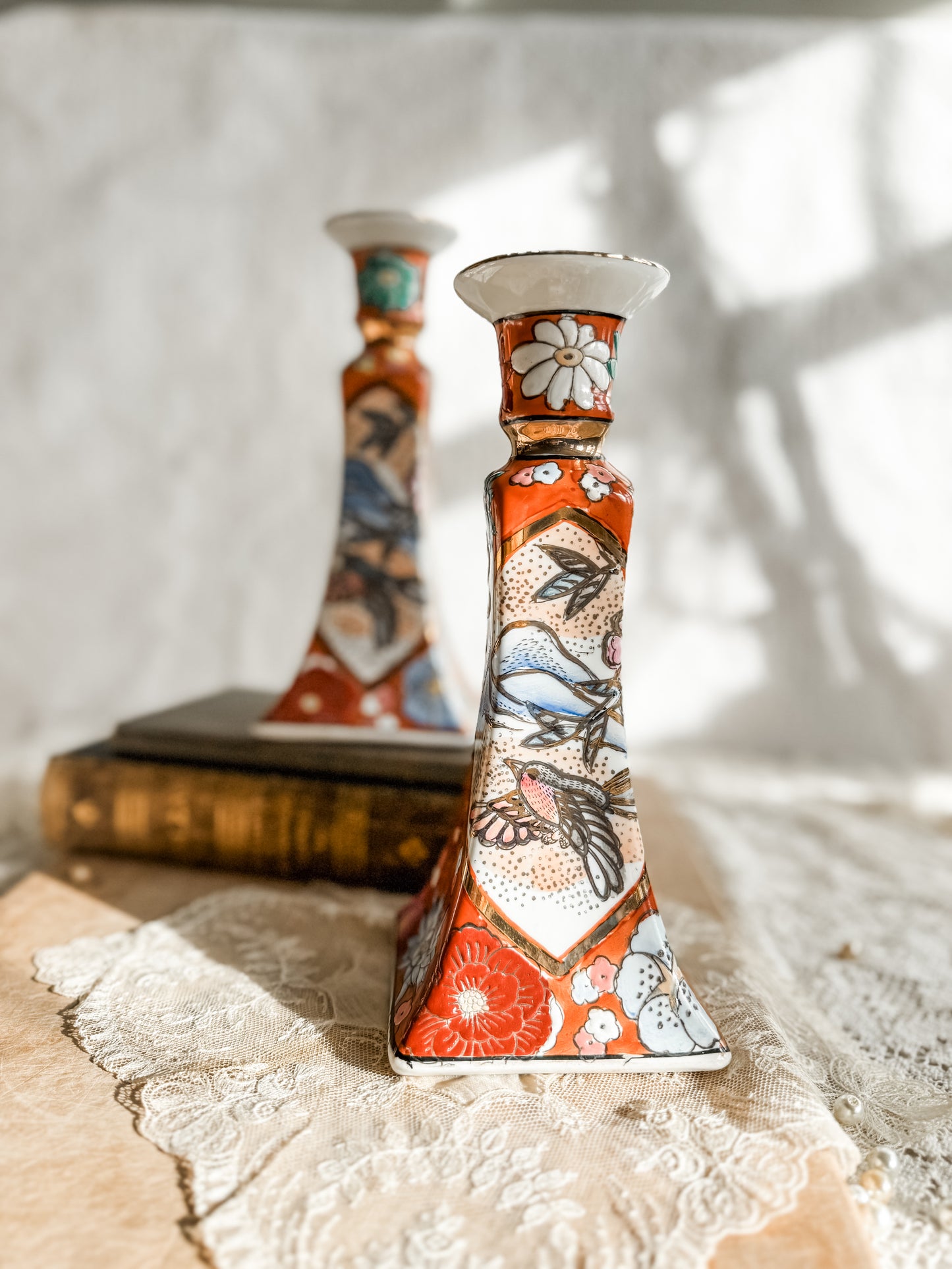 Porcelain Chinoiserie Candlesticks