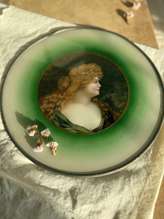 Antique Flue Cover, Glass with Metal Rim, Cardboard Backed, Features Portrait of Woman