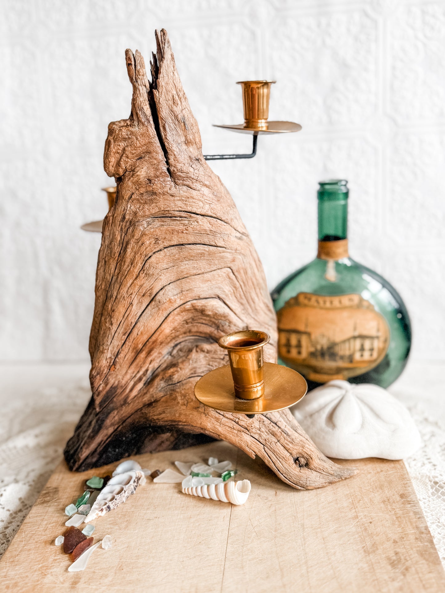 Vintage MCM Driftwood and Brass Candleholder