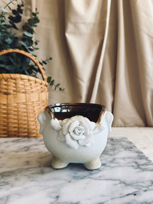 Footed planter with white rose