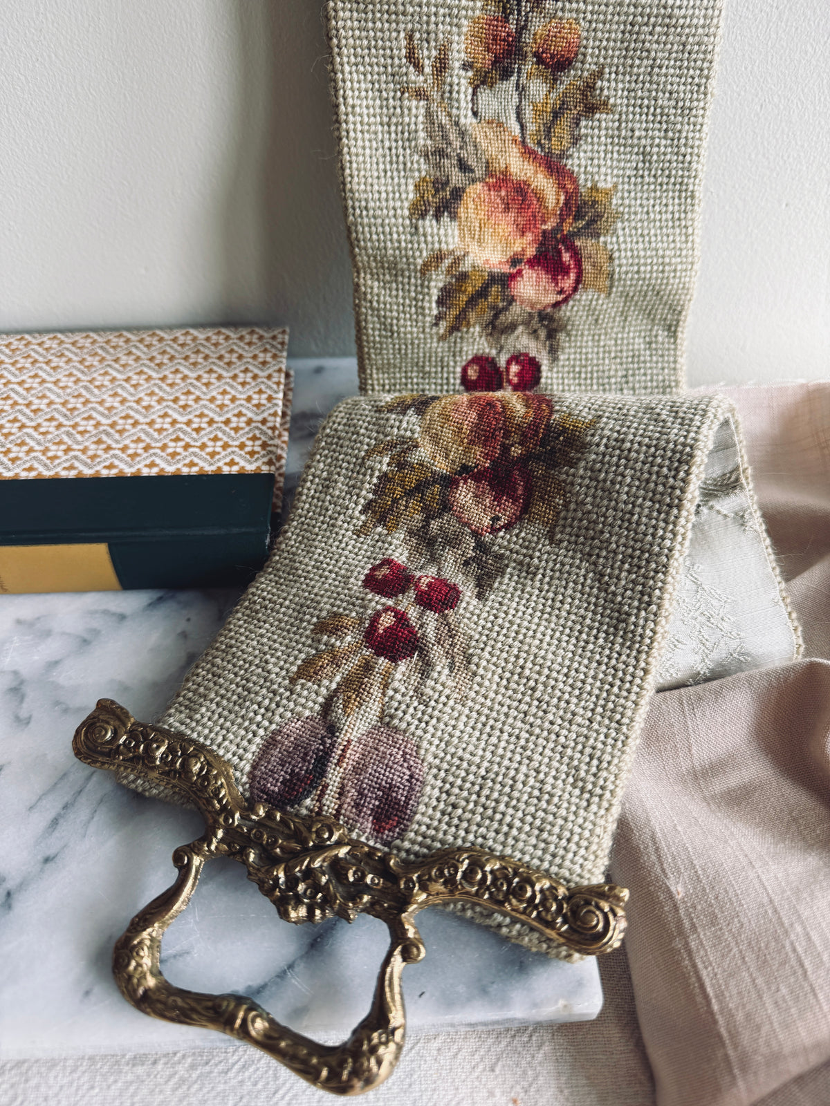 Large wool needlepoint bell pull with fruits