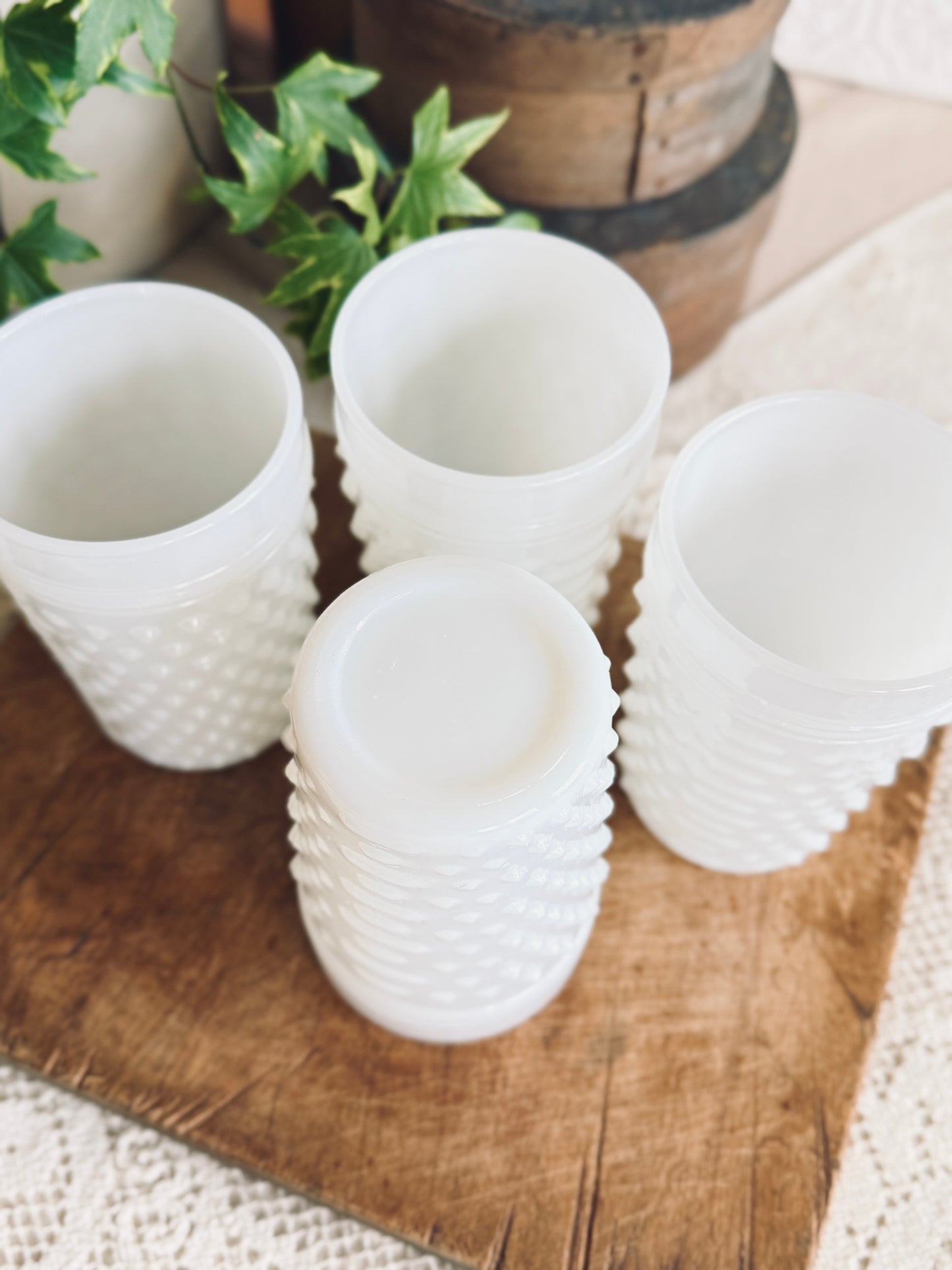 4 hobnail milkglass glasses