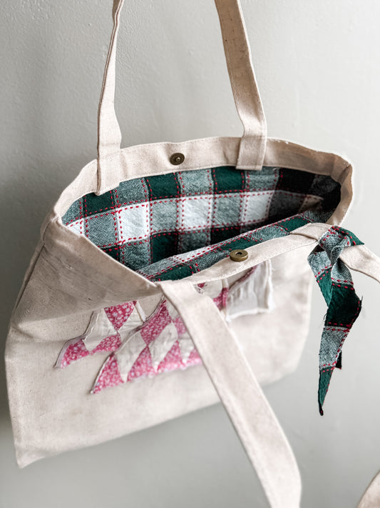 Repurposed Tote bag with appliquéd Christmas Trees and magnetic closure