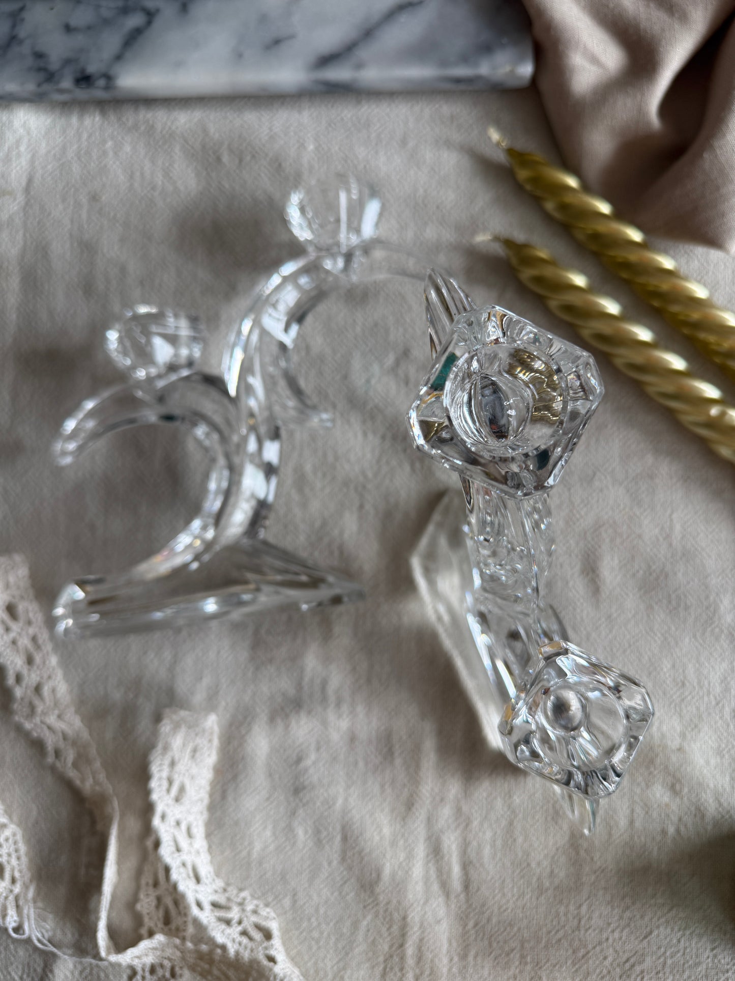 Pair of Leaded crystal double moon candle holders