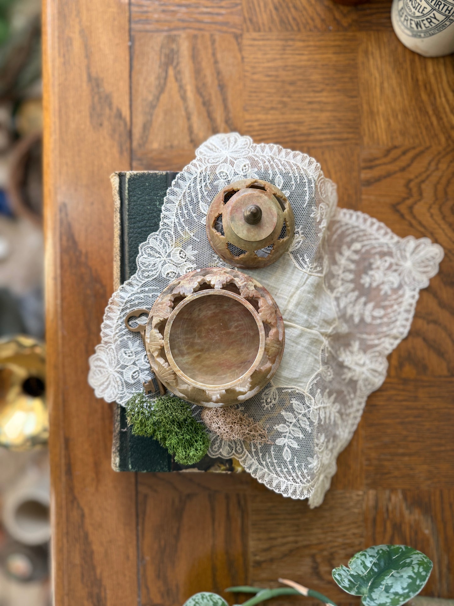 Soapstone incense holder with brass finial