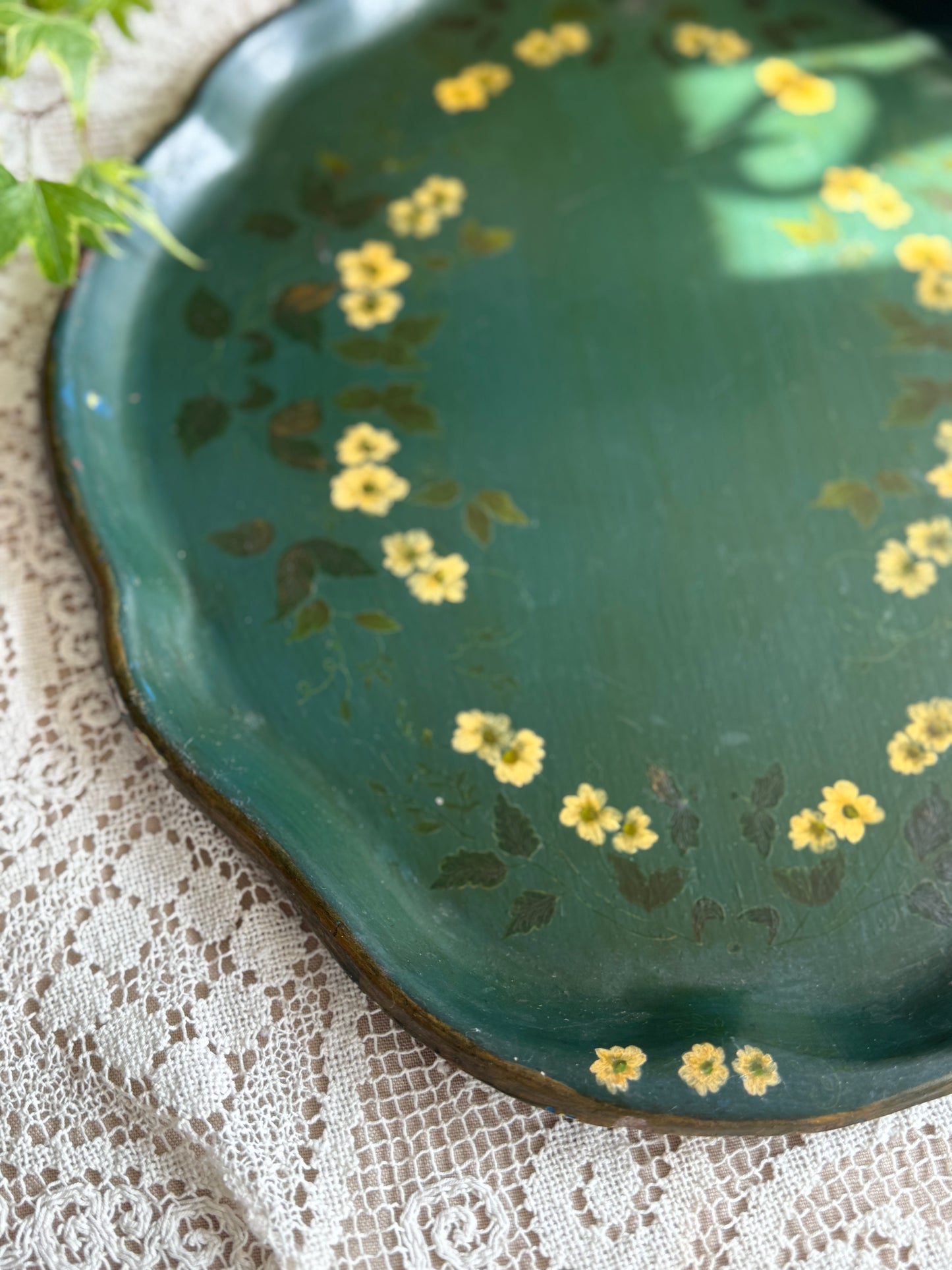 Handpainted vintage metal green and yellow floral toleware tray