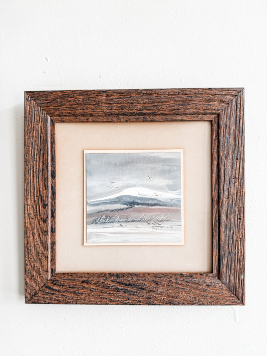 Original framed watercolor “Seaside birds and hills” scene signed Gayle Anderson