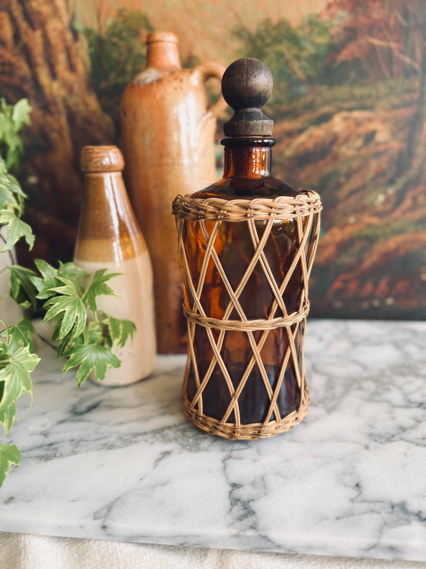 Vintage amber glass wicker wrapped decanter