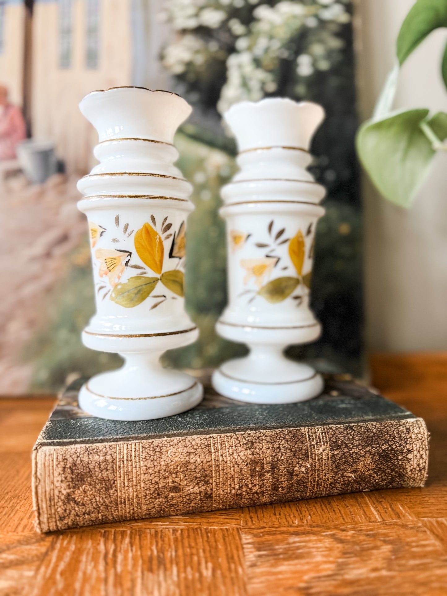 Pair of antique Bristol mantel vases with hand painted florals