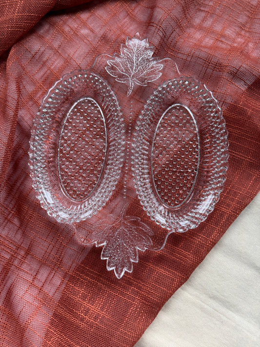 Pressed Glass relish/nut/candy dish with maple leaf handles