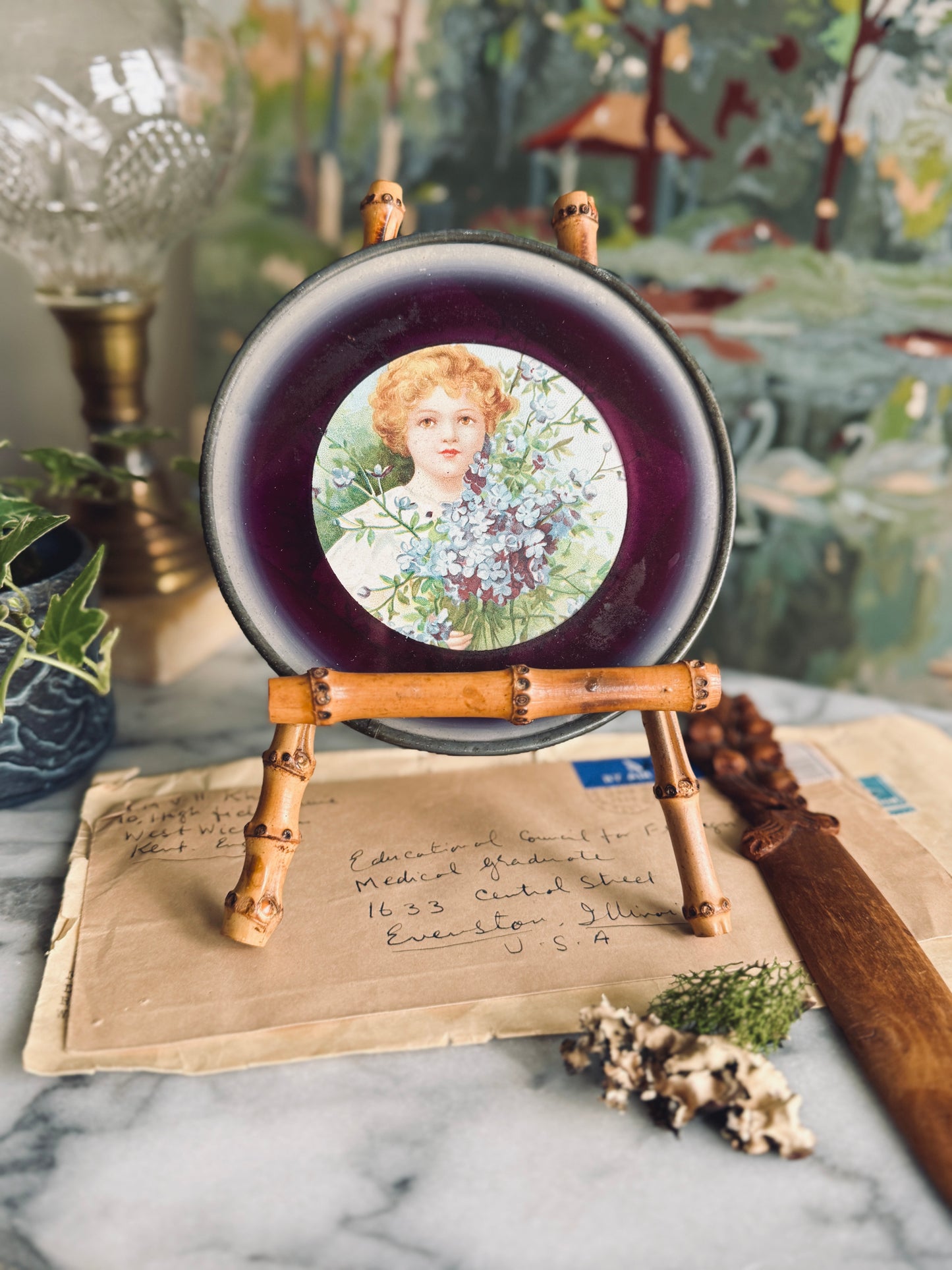 Small antique flue cover with portrait of a girl