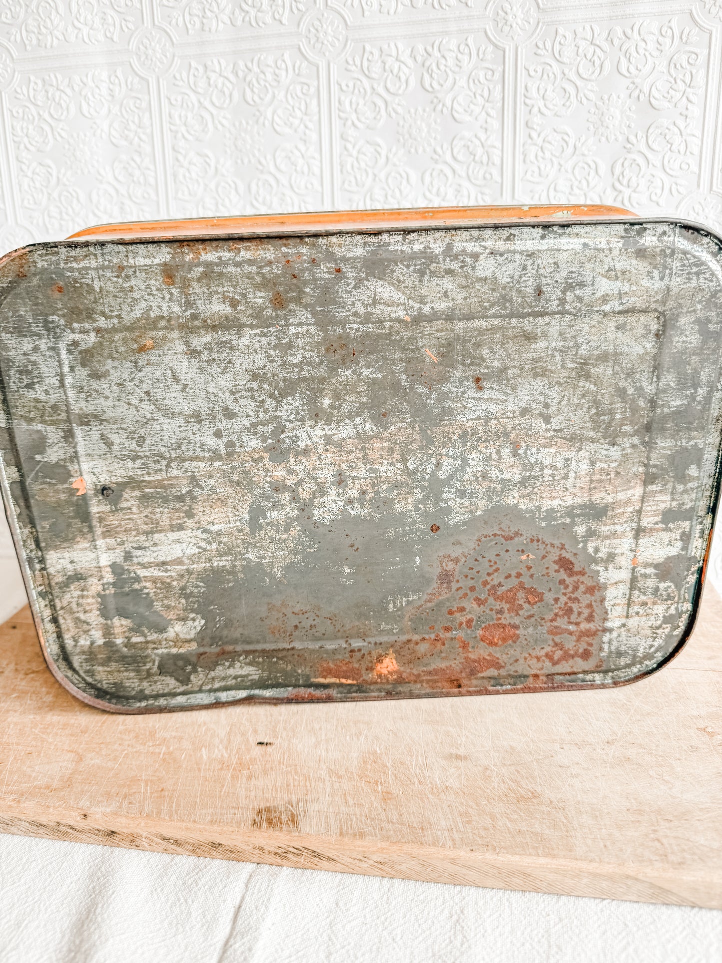 Vintage Rusty and Chippy Green and Orange Metal Bread Tin