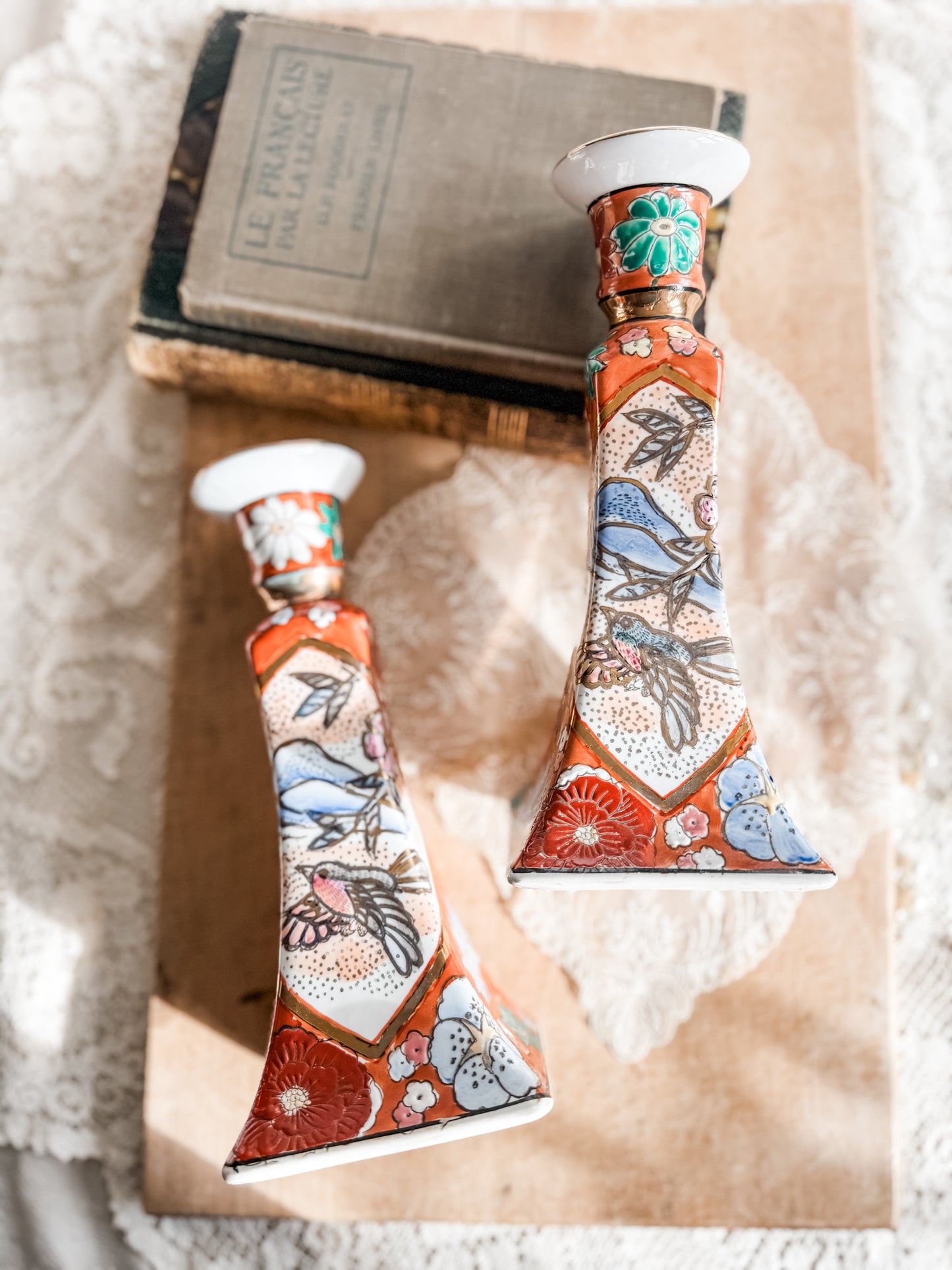 Porcelain Chinoiserie Candlesticks