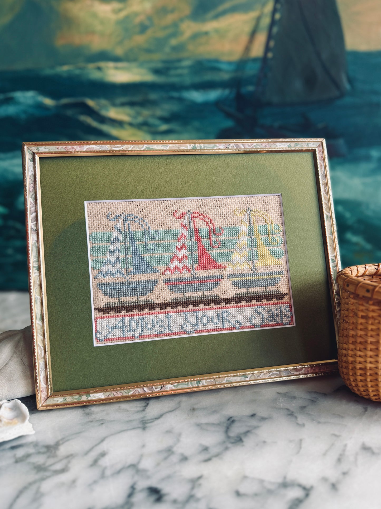 Framed Sailboat cross-stitch
