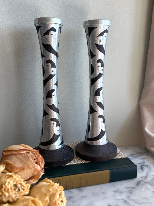 Wooden candlesticks with silver metal overlay