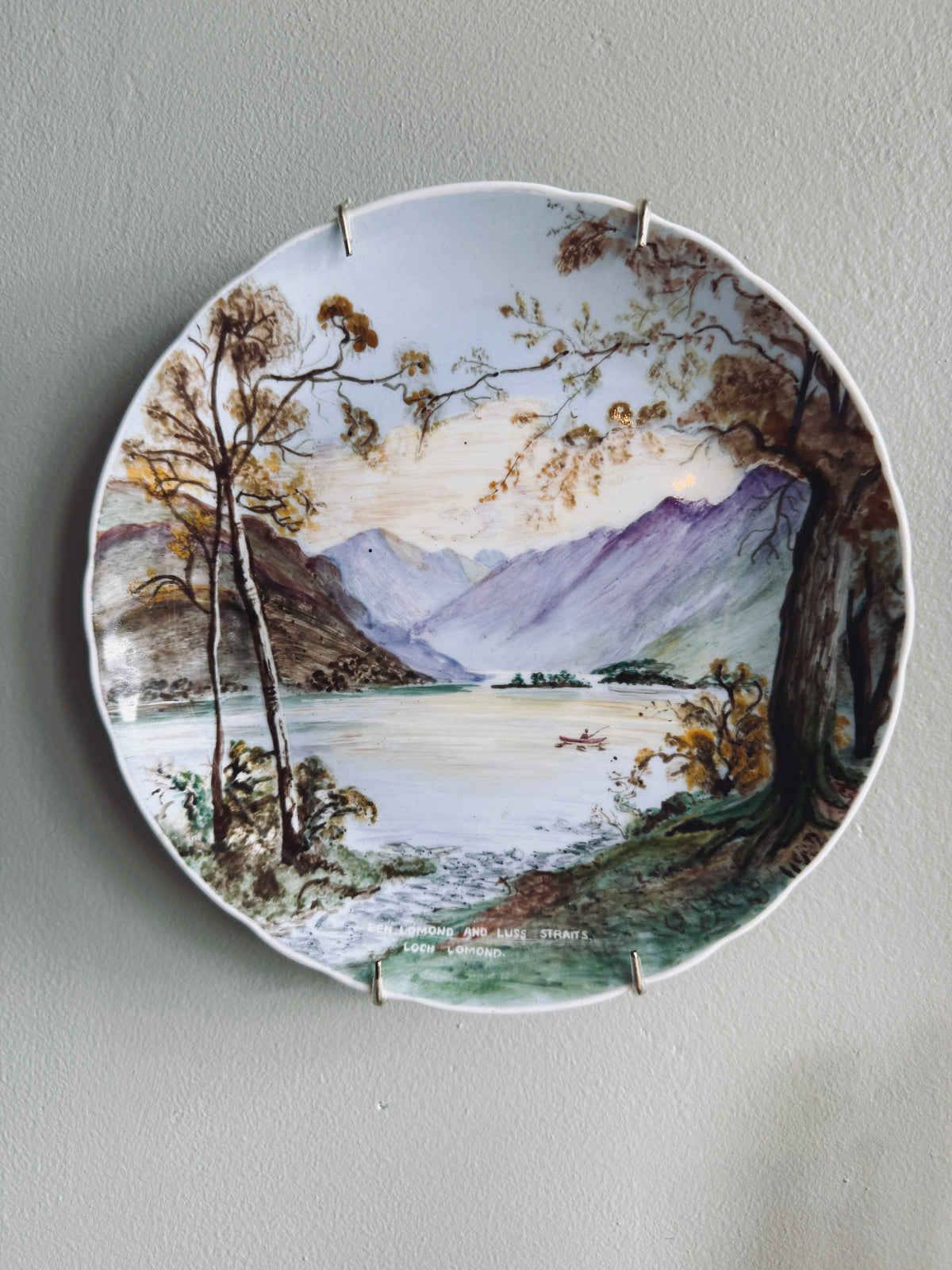 Handpainted vintage china plate with Scottish lake scene