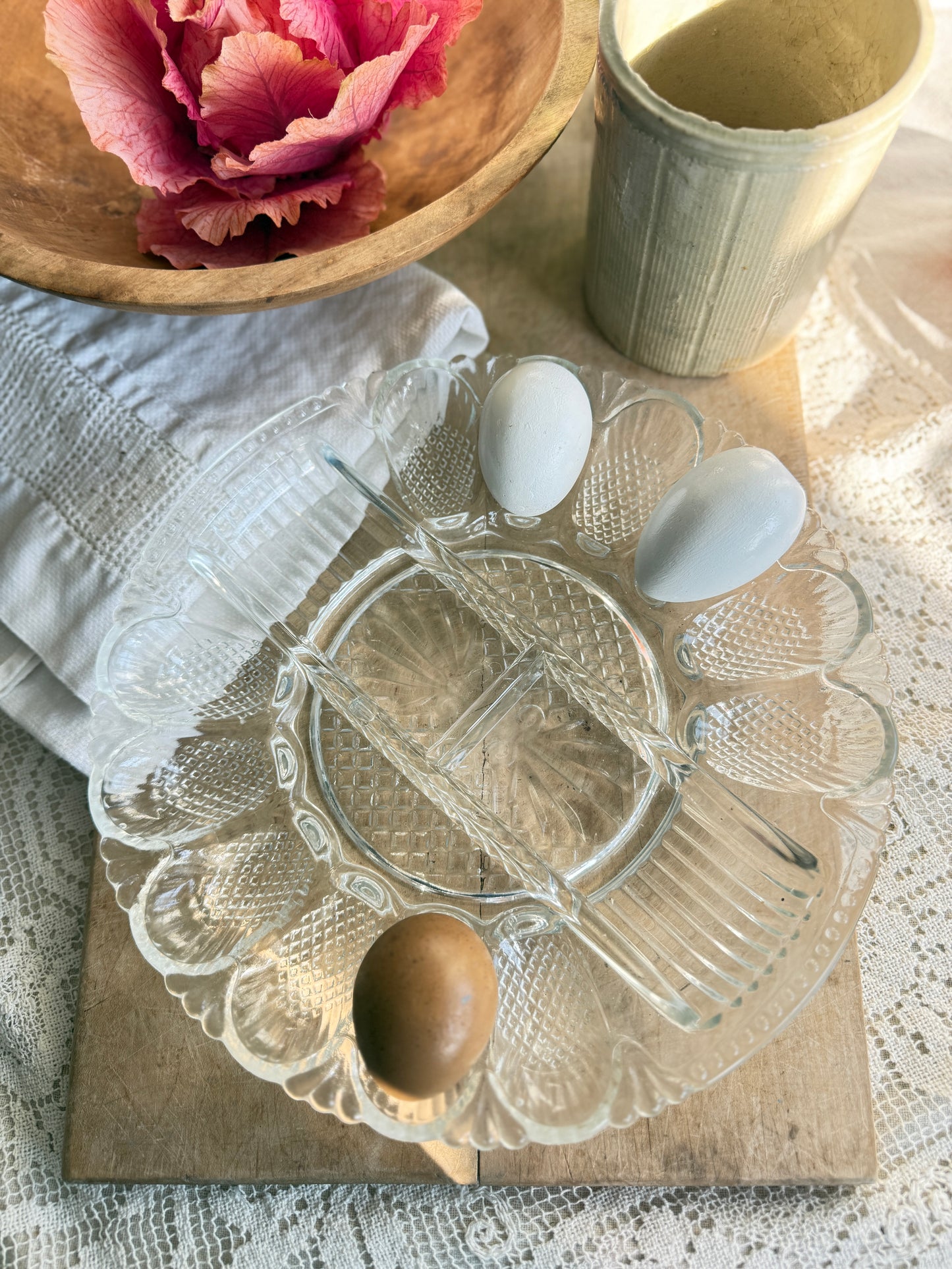 L.E. Smith pressed glass deviled egg and relish tray in the “Heritage” pattern