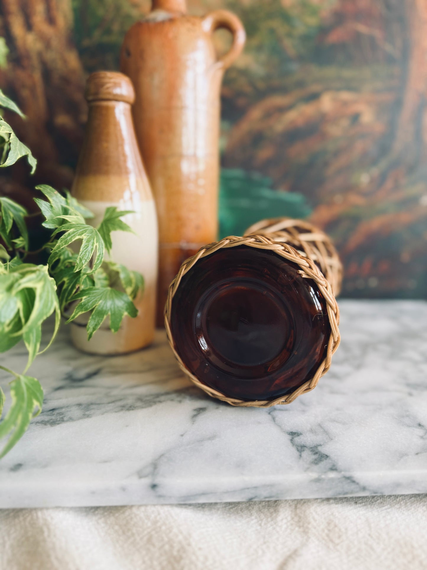 Vintage amber glass wicker wrapped decanter