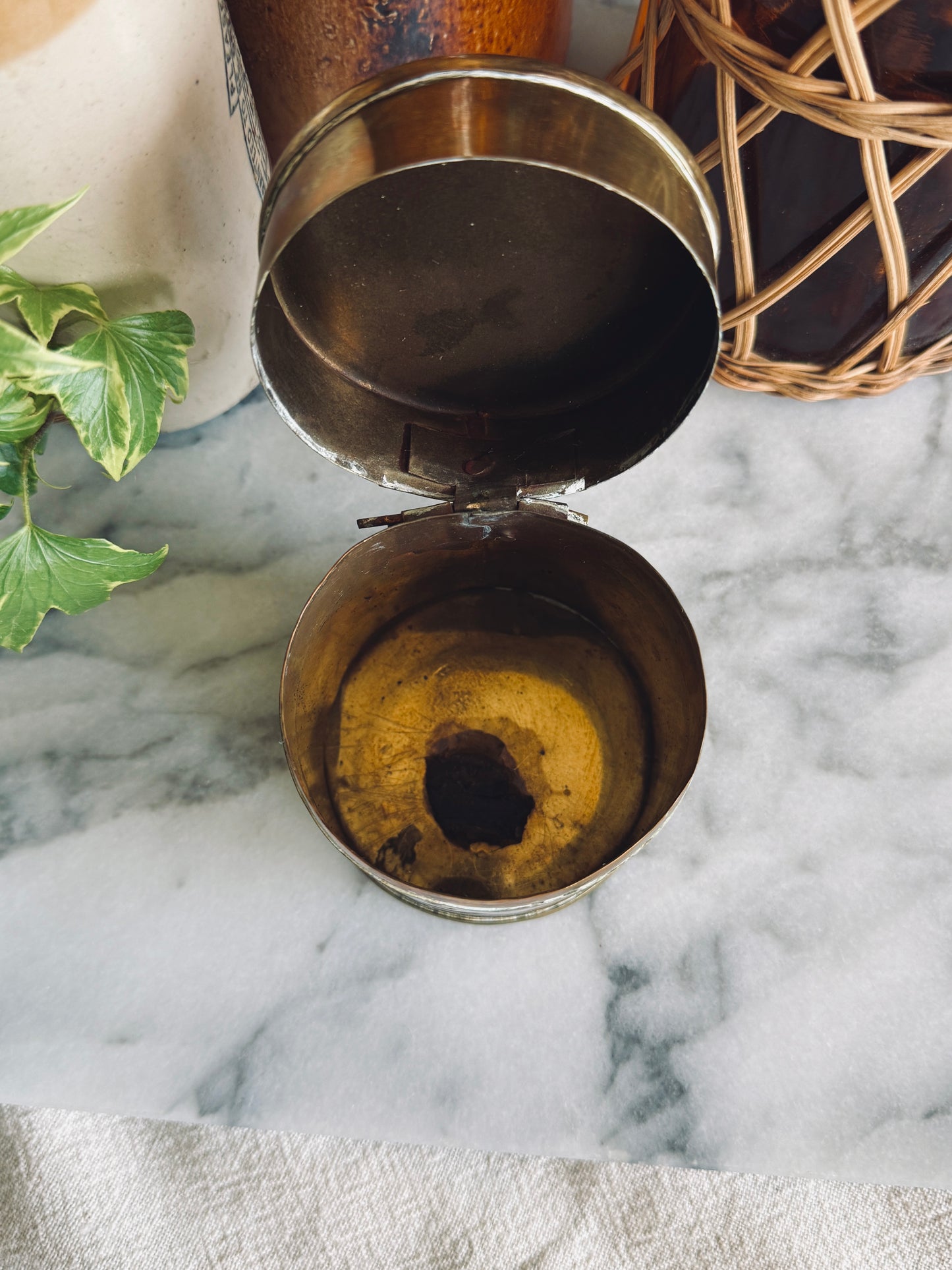 Small lidded brass canister